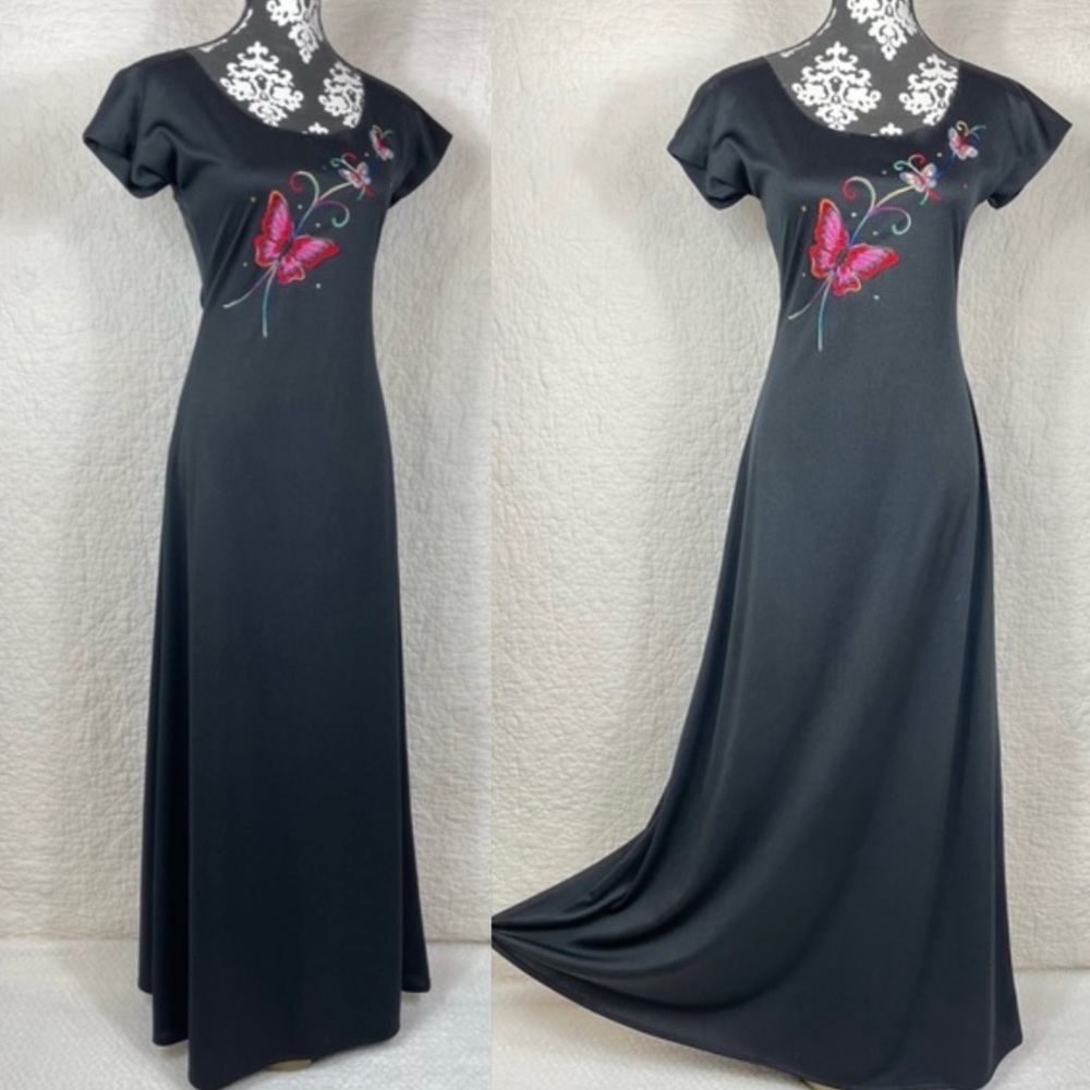 🔥VTG 70s ILGWU Evening Gown Butterfly Maxi Dress Dark Romantic Fairy Grunge Sz S